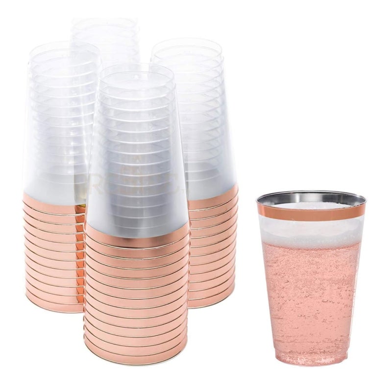 50 Pack Disposable Plastic Cups by Prestee 14 oz Rose Gold Rimmed Plastic Wine Glasses Heavy Duty Pink Rim Cup Disposable Party Cups and Fancy Wedding Tumbler Elegant Decoration Cup for Party
